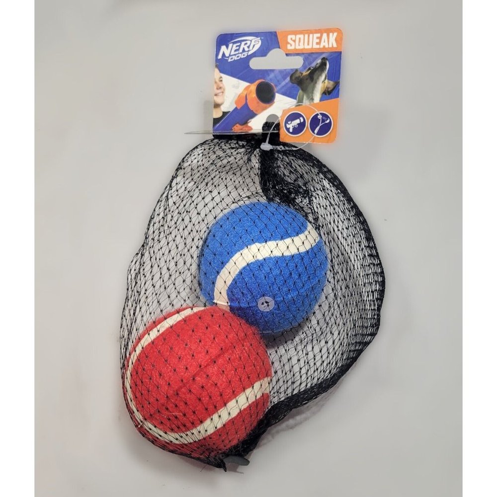 Nerf Squeak Dog Toy Bag Tennis Ball Mesh 2-Pack Red Blue